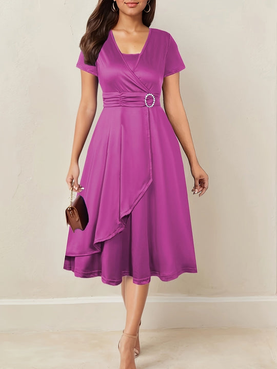 Women's Wrap Midi Dress with Decorative Waist Buckle