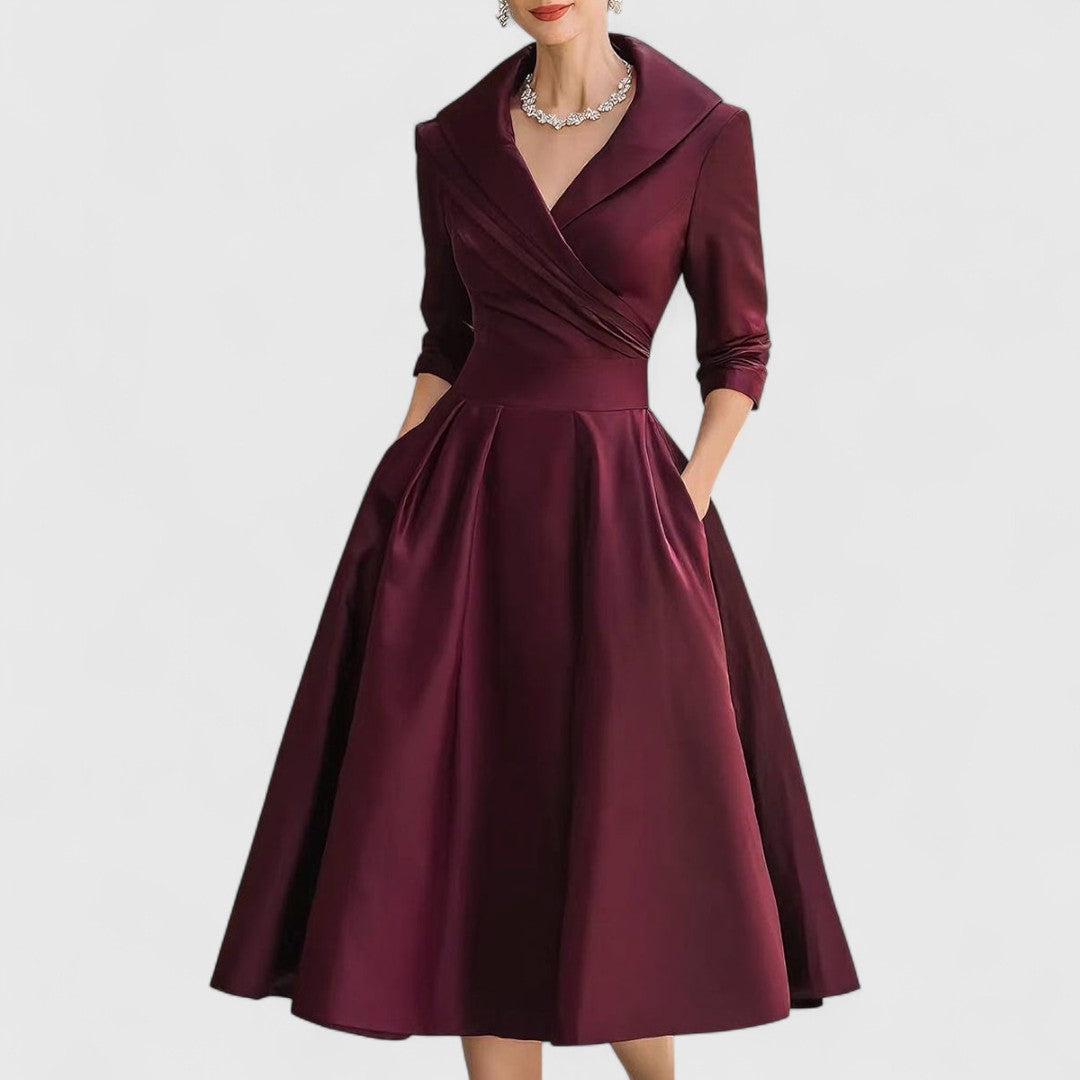 Women's Elegant Satin Wrap Midi Dress with Shawl Collar