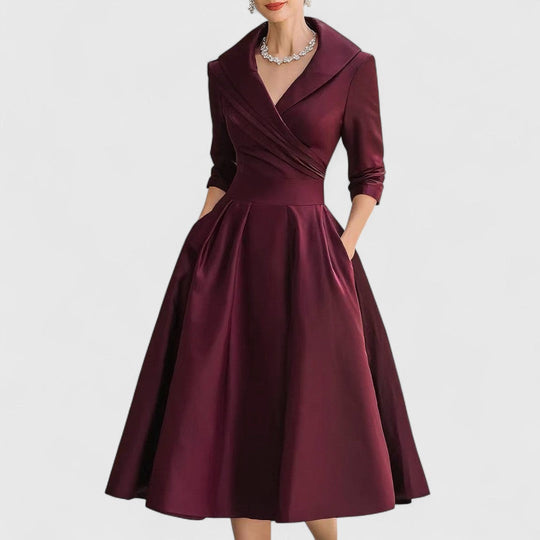 Women's Elegant Satin Wrap Midi Dress with Shawl Collar
