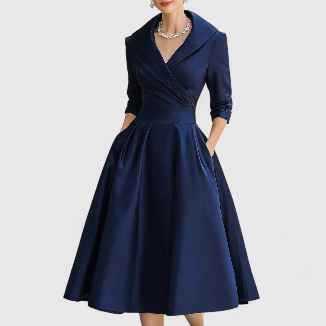 Women's Elegant Satin Wrap Midi Dress with Shawl Collar