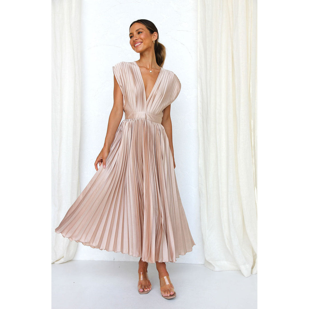 Women's Pleated Deep V-Neck Maxi Dress