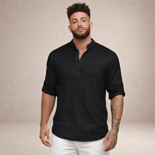 Men's Casual Linen-Blend Henley Shirt