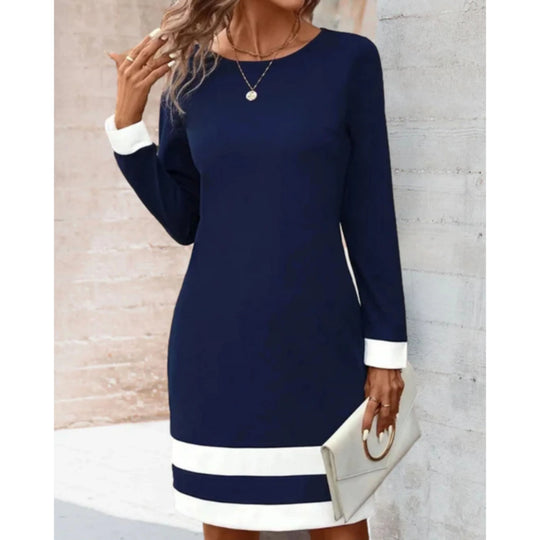 Damen Langärmliges Shift Kleid mit Kontrastbesatz