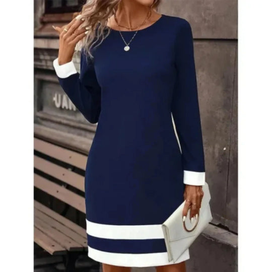 Damen Langärmliges Shift Kleid mit Kontrastbesatz