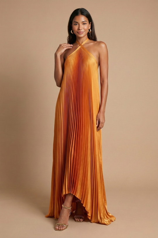 Women's Pleated Halter Neck Flowing Maxi Evening Dress