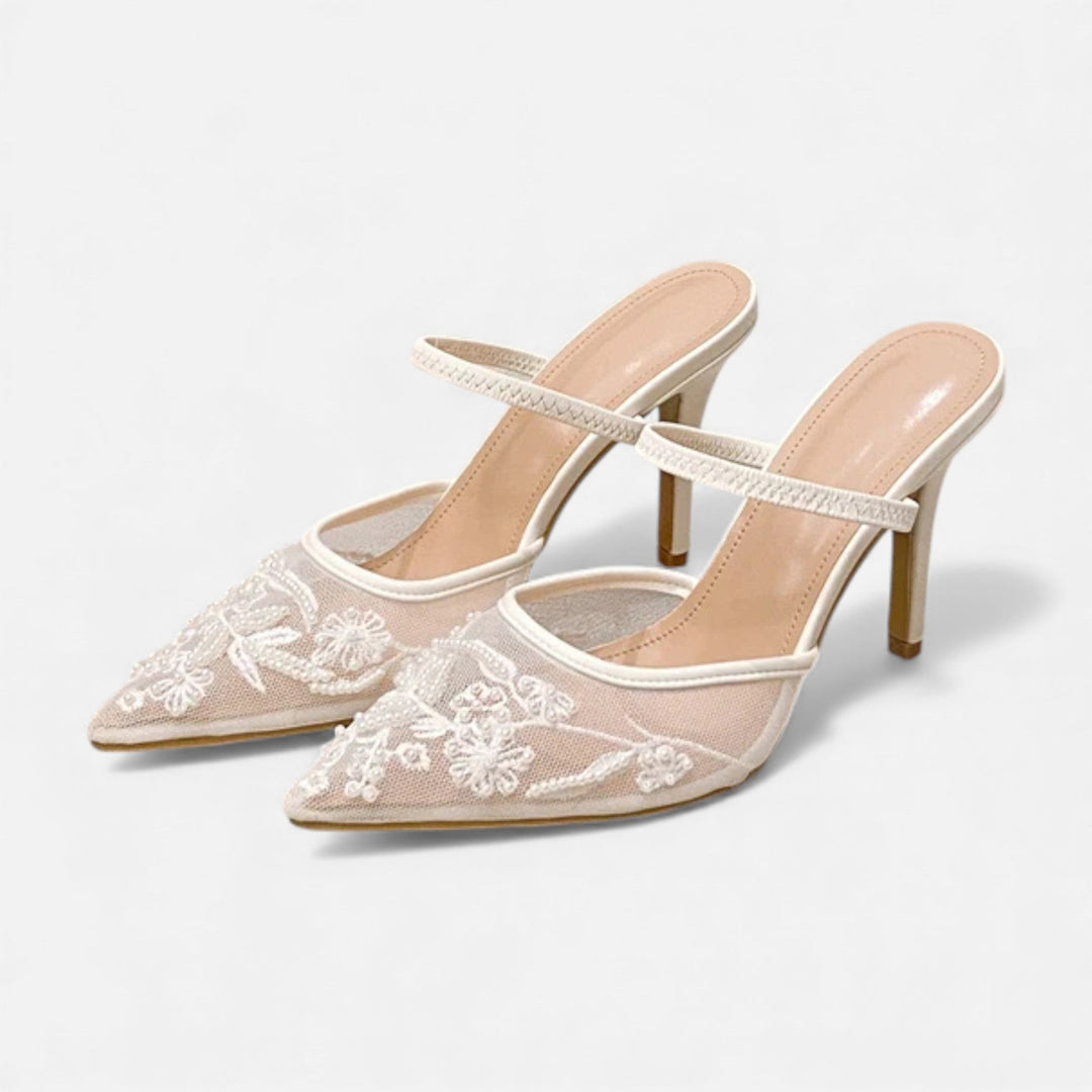 Women's Embroidered Mesh Pointed Toe Stiletto Mules