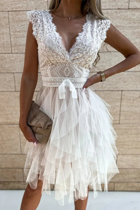 Women's Floral Lace Tiered Tulle Mini Dress