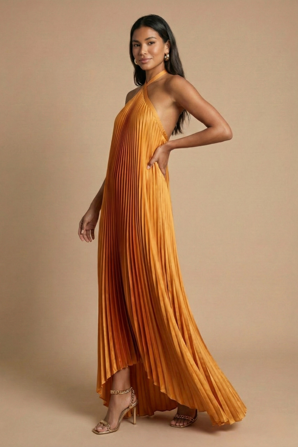 Damen plissiertes Maxikleid mit Halterneck für den Abend