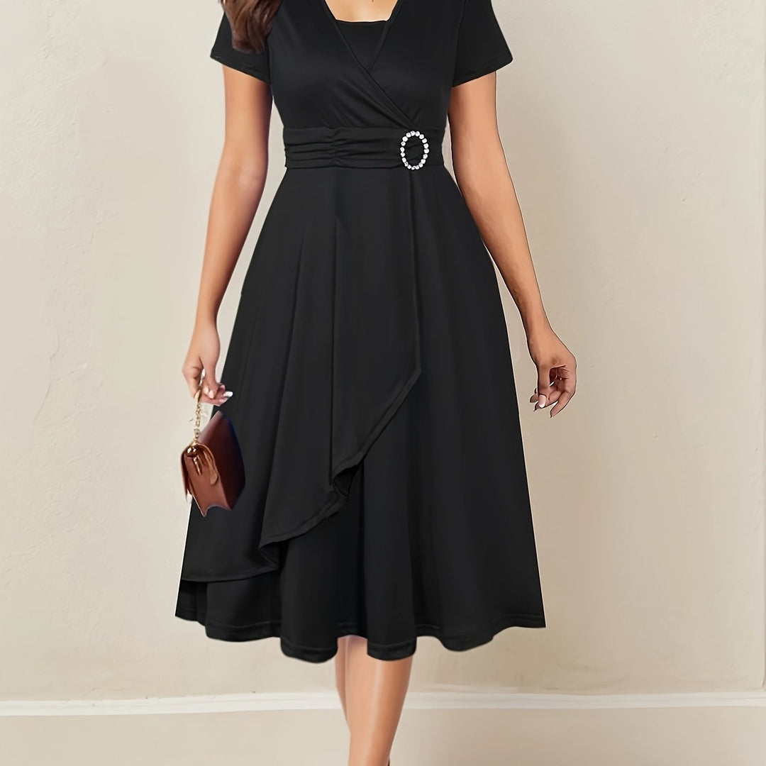 Women's Wrap Midi Dress with Decorative Waist Buckle