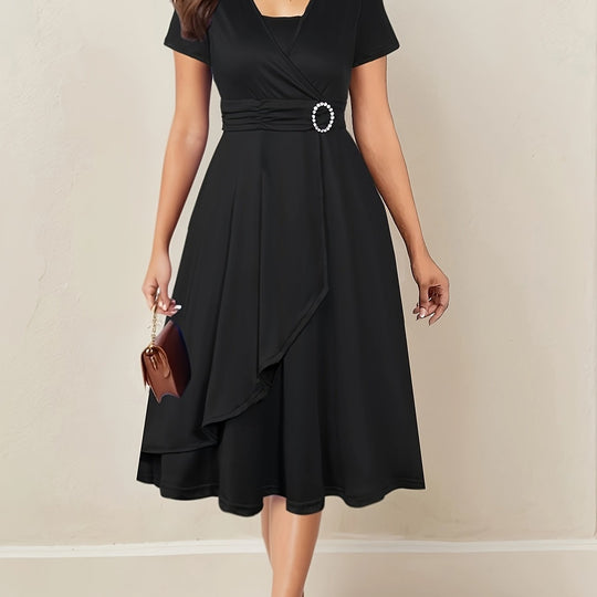 Women's Wrap Midi Dress with Decorative Waist Buckle