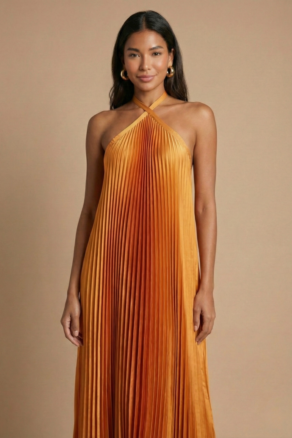 Women's Pleated Halter Neck Flowing Maxi Evening Dress
