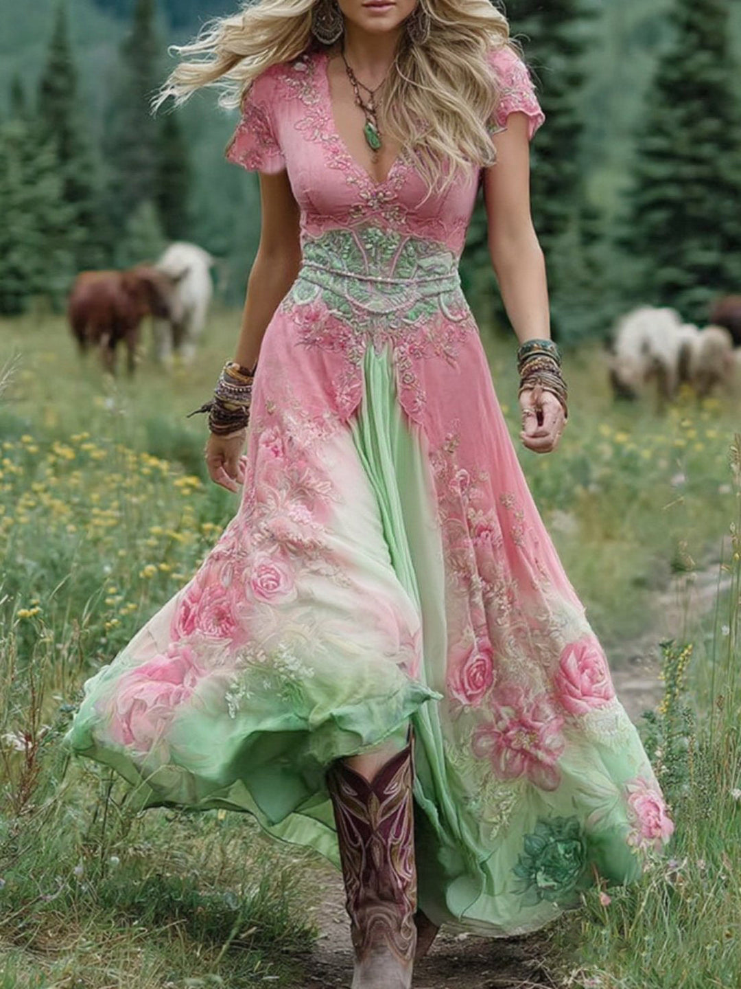 Women's Vintage Floral Print Flowing Maxi Dress