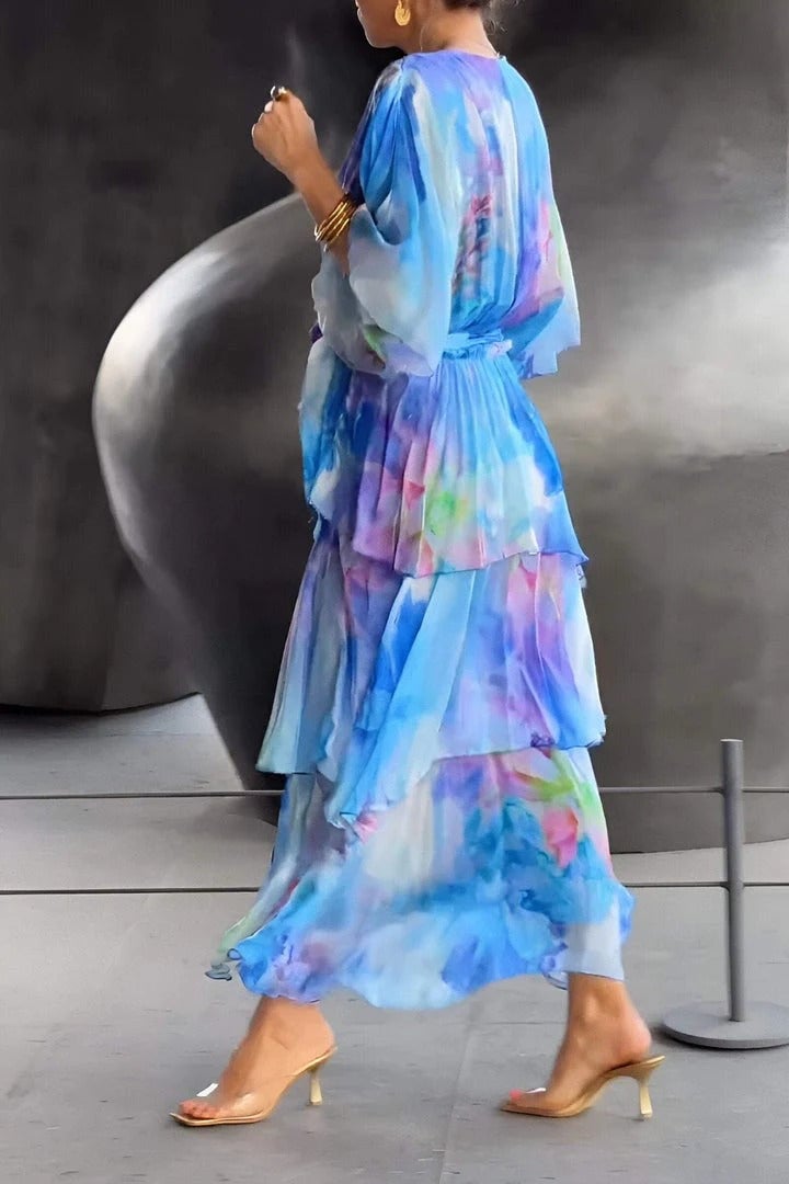 Women's Watercolor Printed Layered Chiffon Maxi Dress