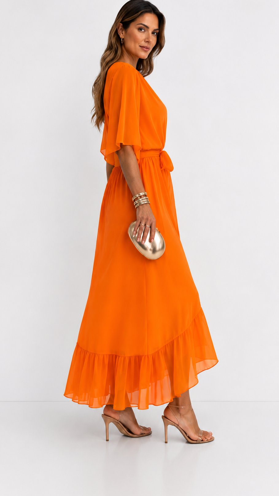 Women's V-Neck Tie Waist High Low Midi Dress