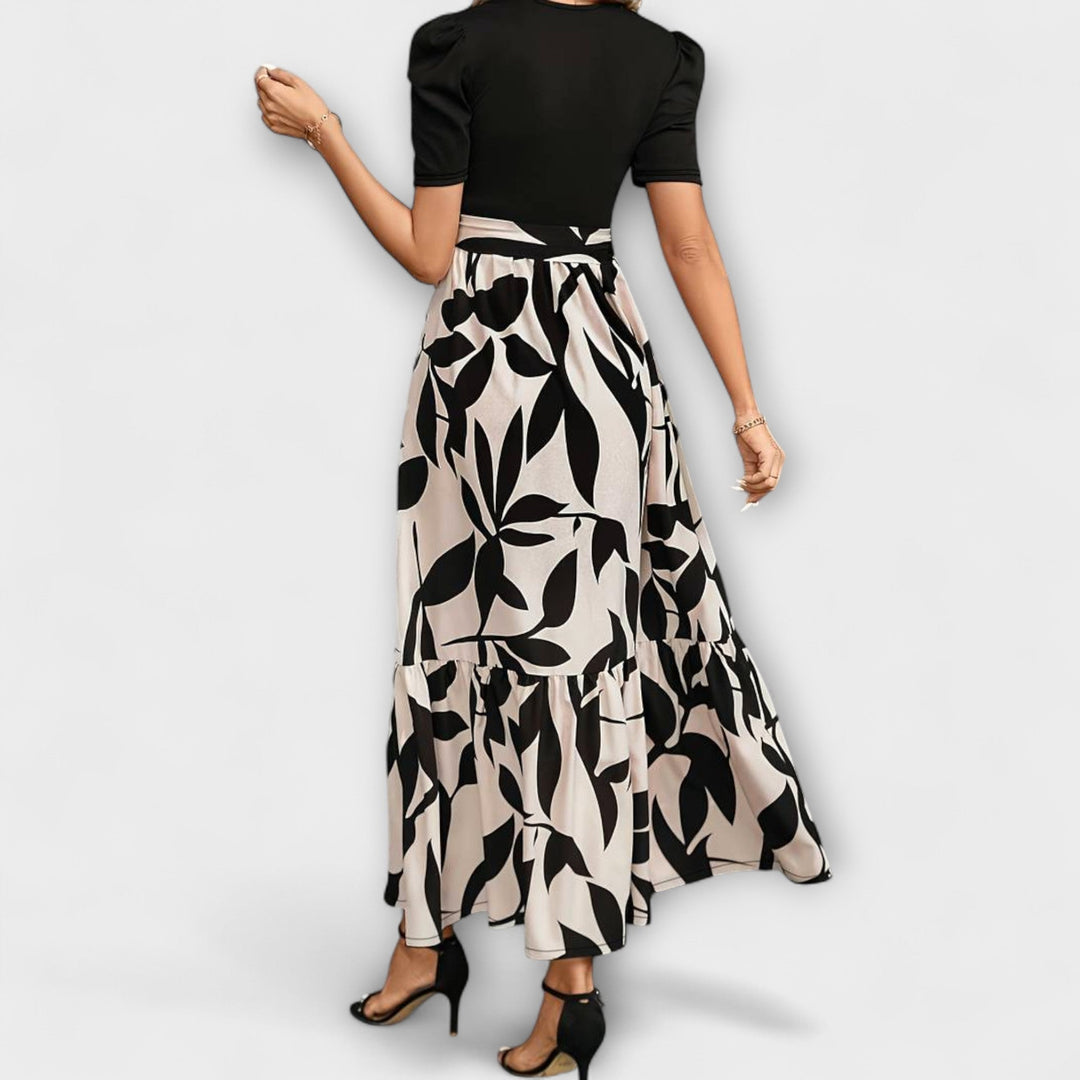 Women's Printed Two-Tone Maxi Dress with Leaf Print Skirt