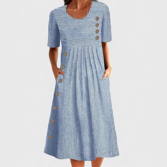 Women's Striped Button-Accent Midi Dress with Side Pockets