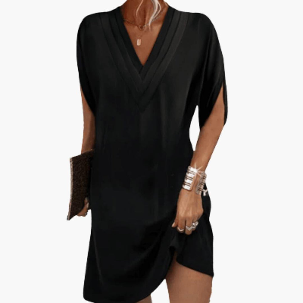 Women's Relaxed V-Neck Shift Dress with Draped Sleeves
