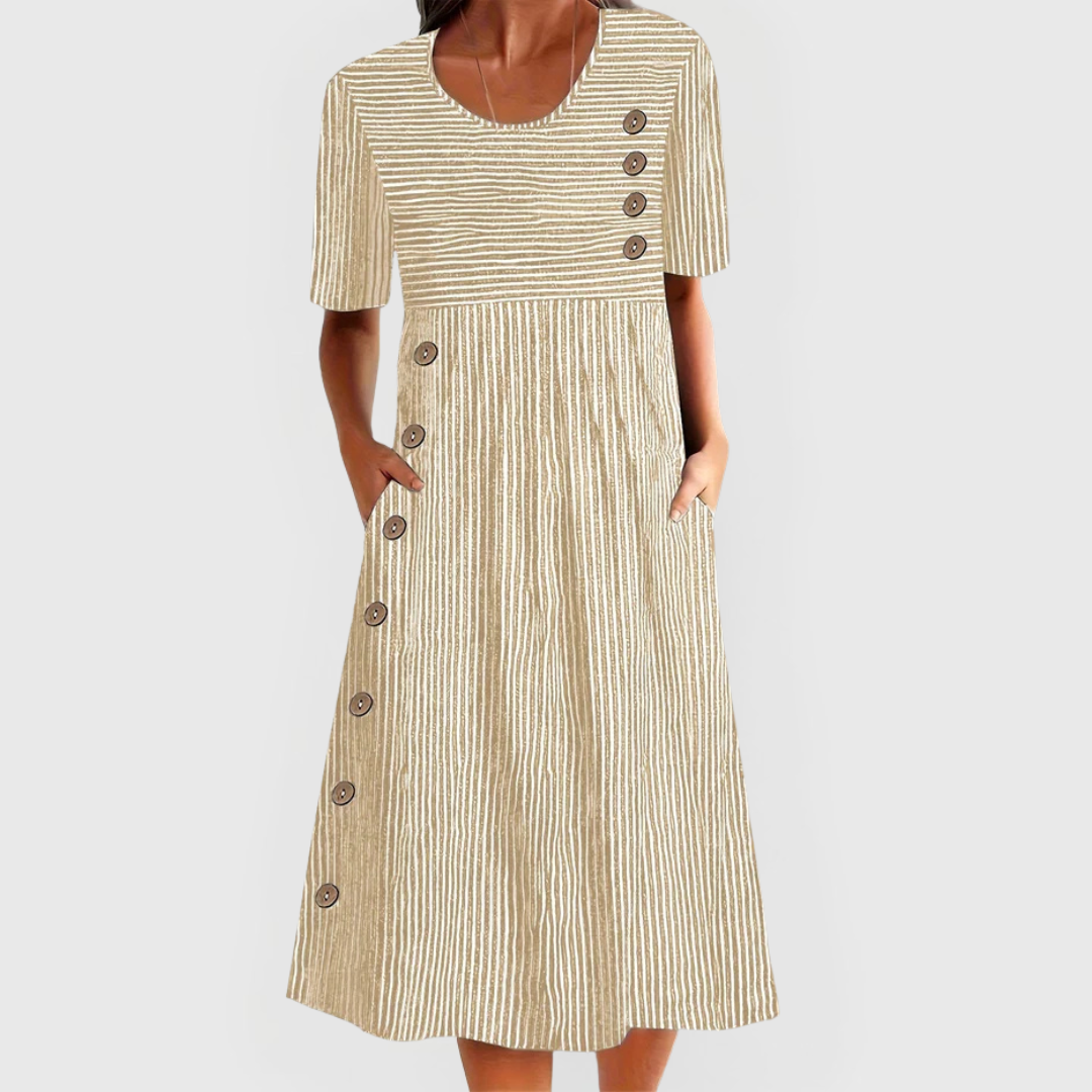 Women's Striped Button-Accent Midi Dress with Side Pockets