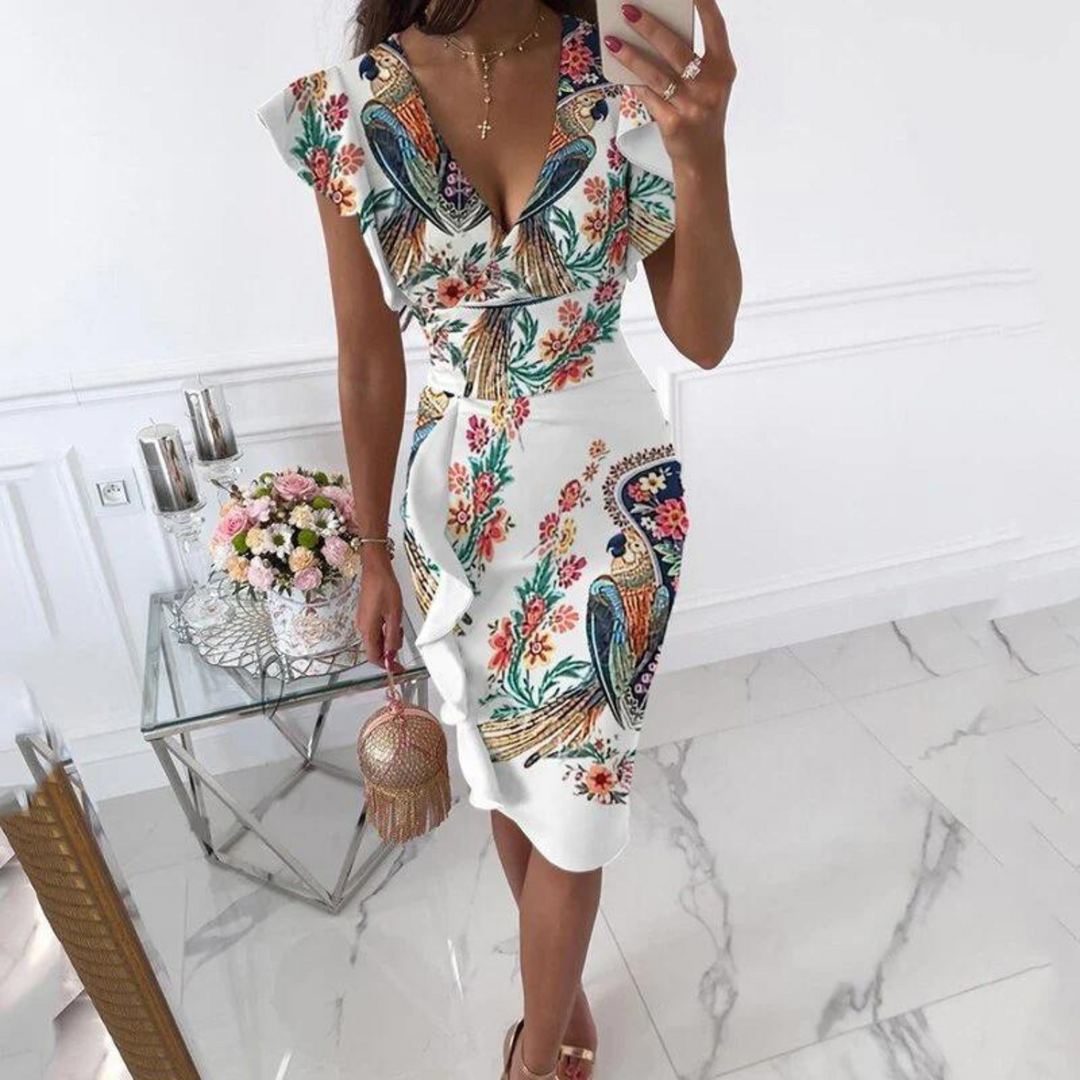 Women's Ruffle Trim Wrap Midi Occasion Dress