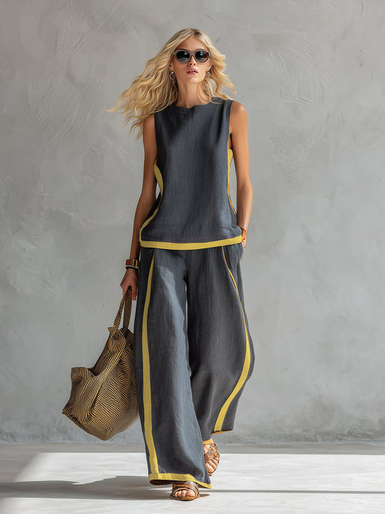 Women's Sleeveless Contrast Trim Top and Wide Leg Pants Set