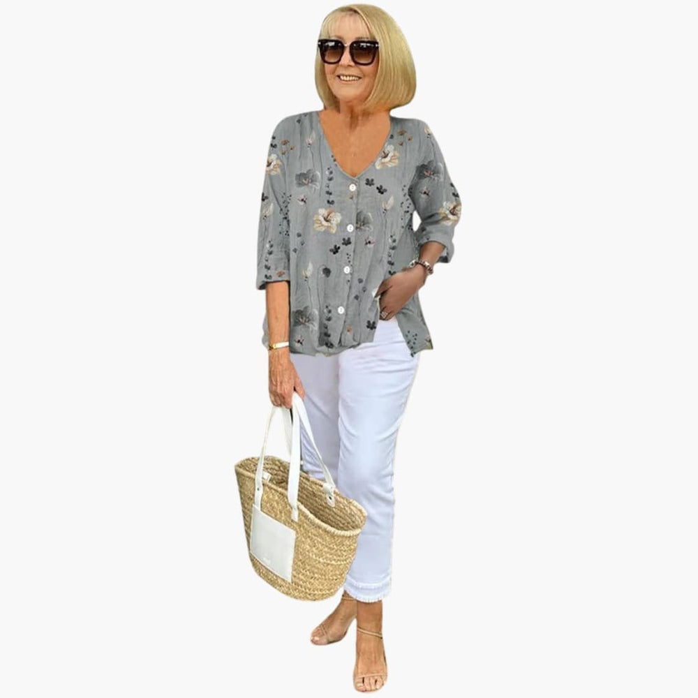 Women's Relaxed Button-Front Printed Blouse with 3/4 Sleeves