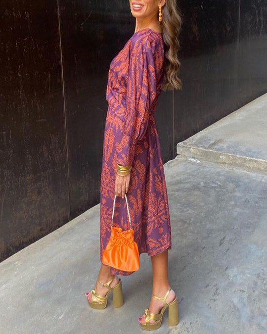 Women's Printed Twist Front Midi Dress
