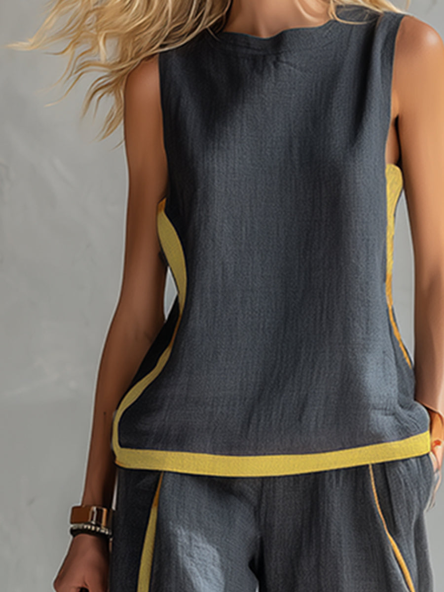 Women's Sleeveless Contrast Trim Top and Wide Leg Pants Set