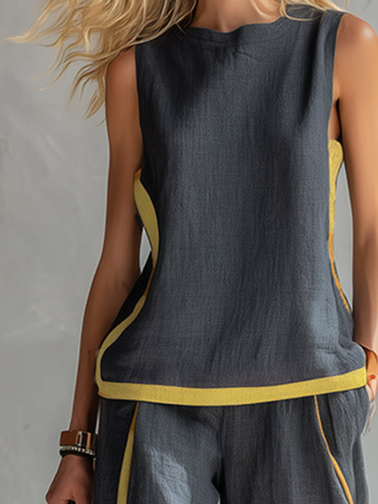 Women's Sleeveless Contrast Trim Top and Wide Leg Pants Set