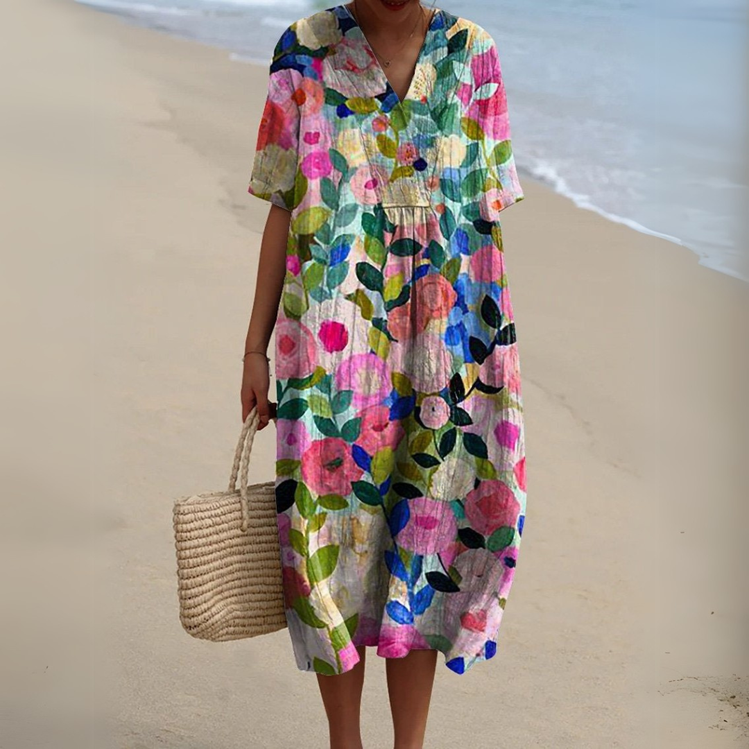 Women's Printed Cotton Linen Cocoon Midi Dress