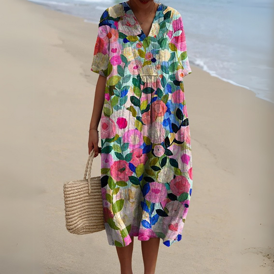 Women's Printed Cotton Linen Cocoon Midi Dress