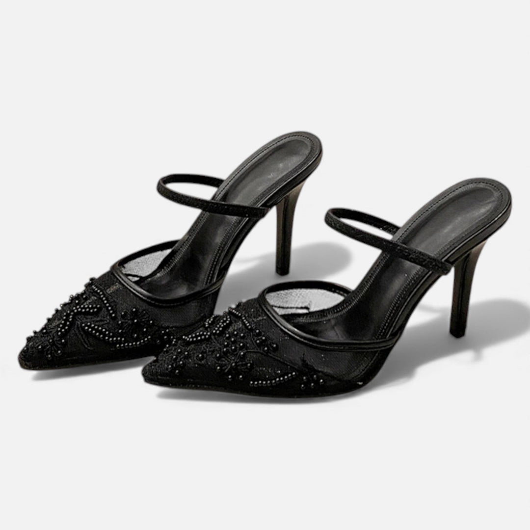 Women's Embroidered Mesh Pointed Toe Stiletto Mules