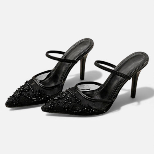 Women's Embroidered Mesh Pointed Toe Stiletto Mules