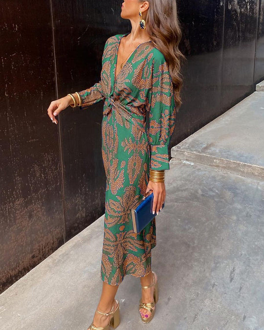Women's Printed Twist Front Midi Dress