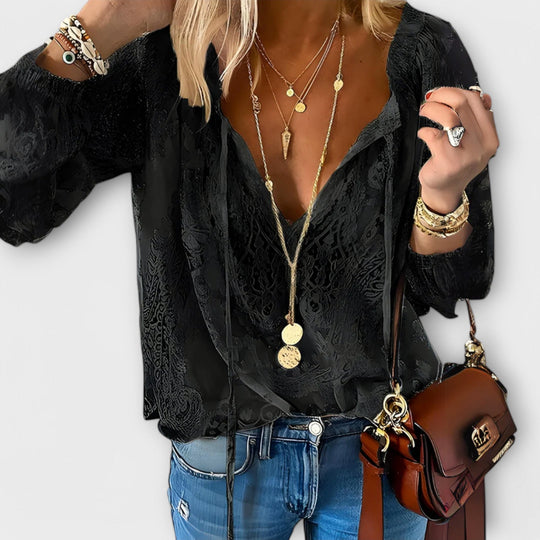 Women's Bohemian Printed Tie-Neck Blouse
