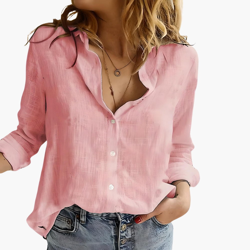 Women's Relaxed Button-Front Collared Blouse with Roll-Up Sleeves
