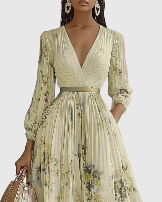 Women's Romantic Floral Pleated Maxi Dress with Deep V-Neck