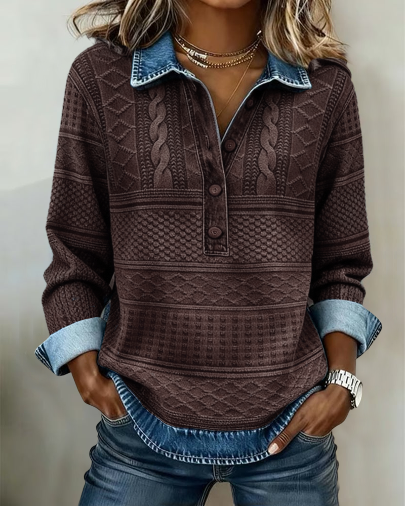 Women's Textured Knit-Print Henley Top with Collar