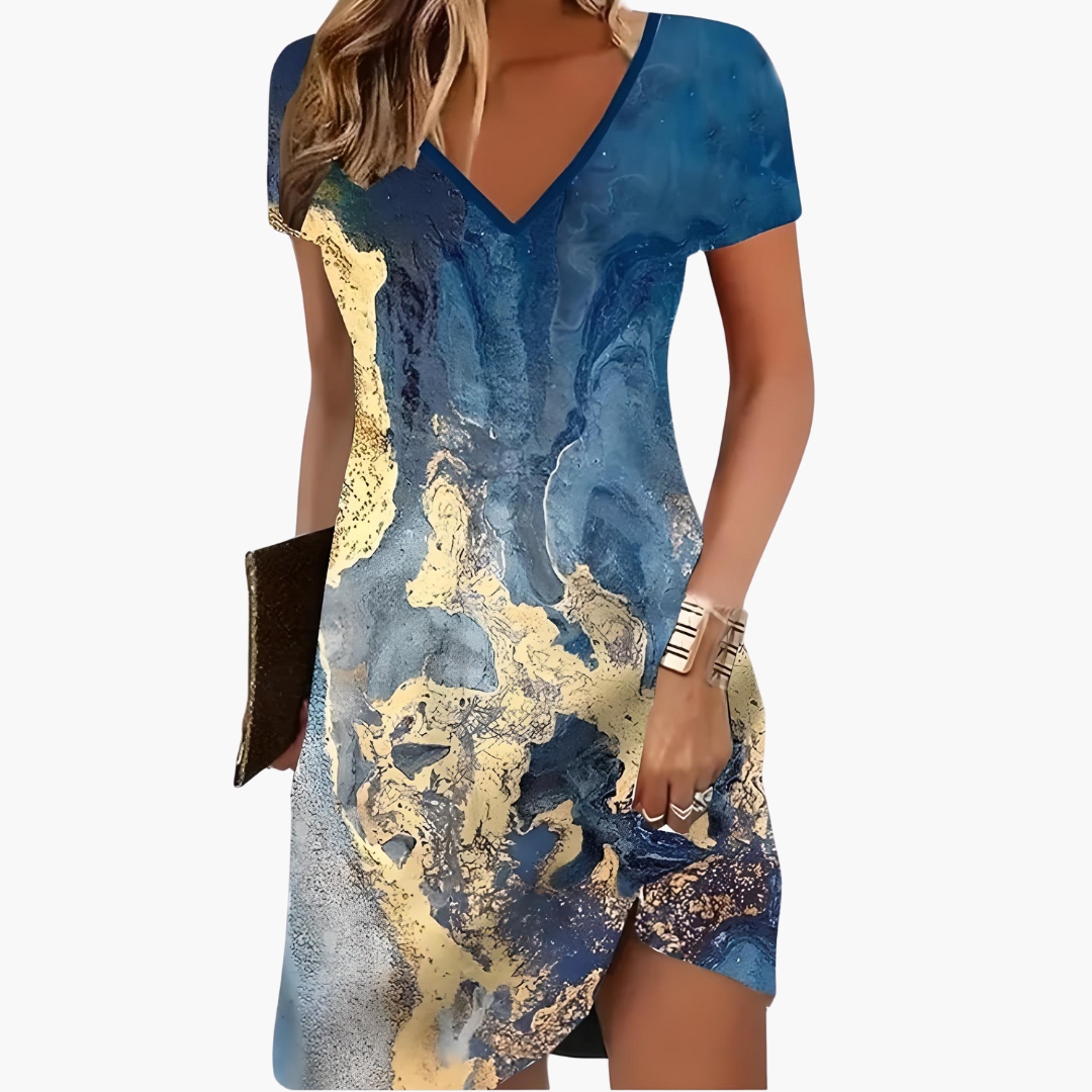 Women's Artistic Printed V-Neck Dress with Relaxed Fit
