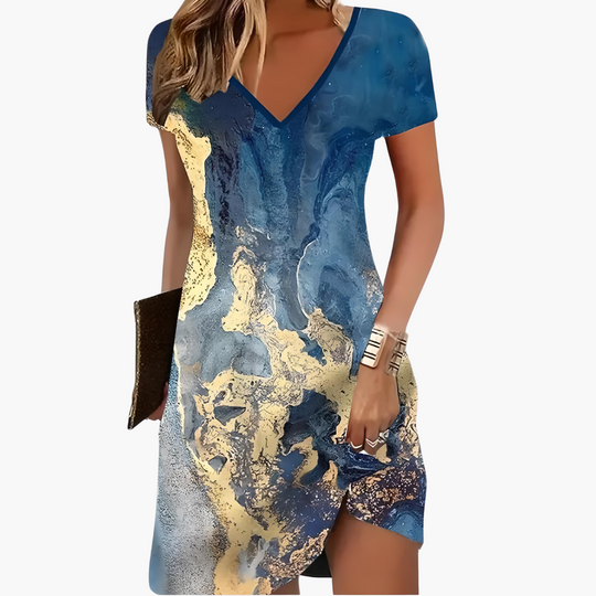 Women's Artistic Printed V-Neck Dress with Relaxed Fit