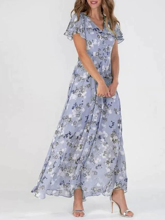 Women's Floral Ruffle Sleeve Chiffon Maxi Dress