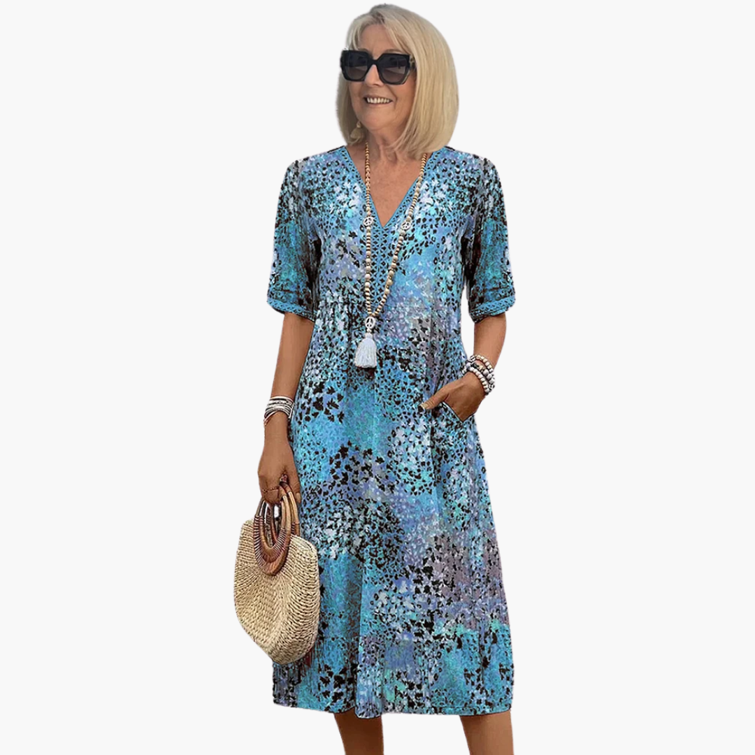 Women's Artistic Printed Midi Dress with Lace Trim and Pockets