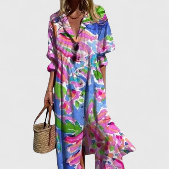 Women's Printed Button Front Flowing Midi Shirt Dress