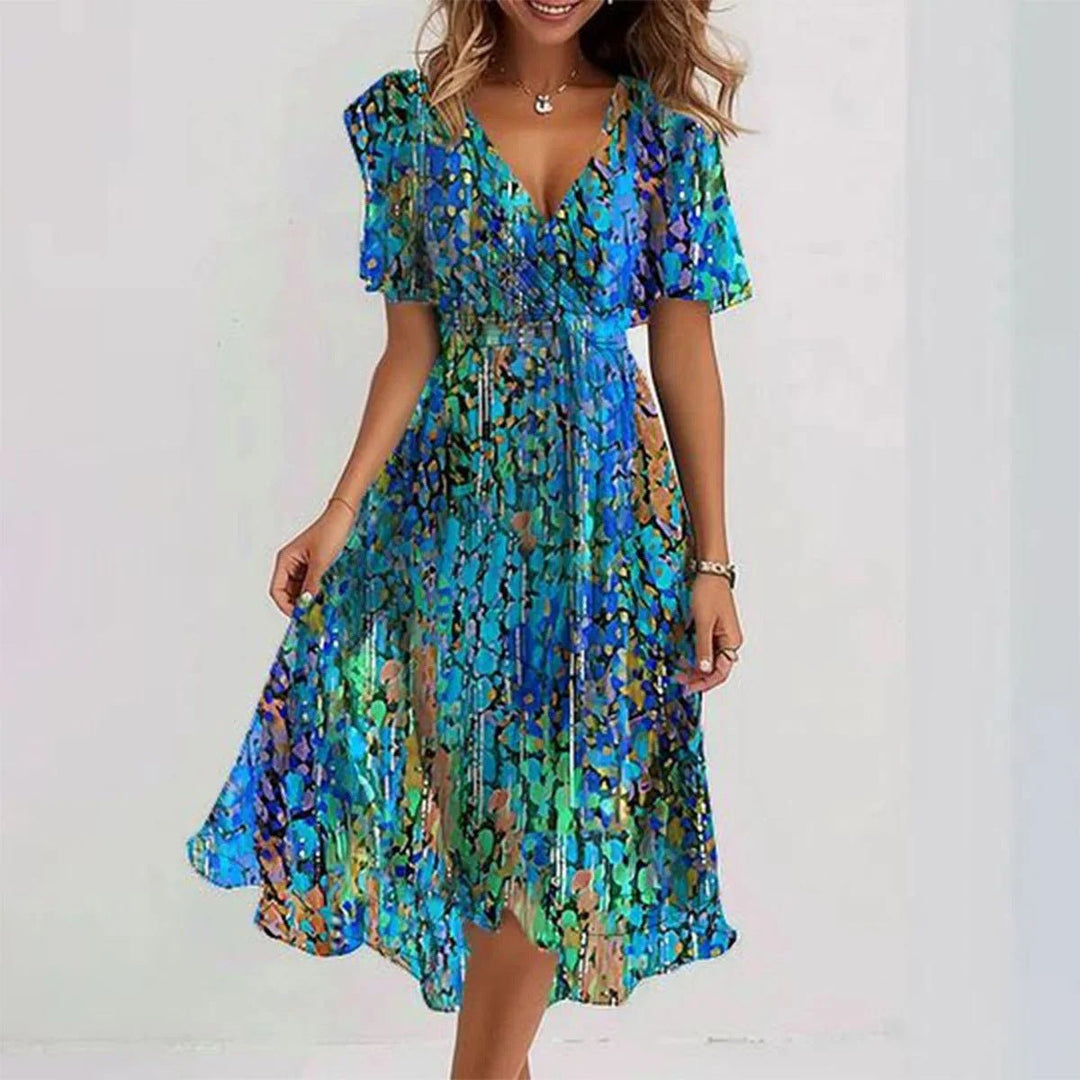 Women's Floral V-Neck Flutter Sleeve Midi Dress