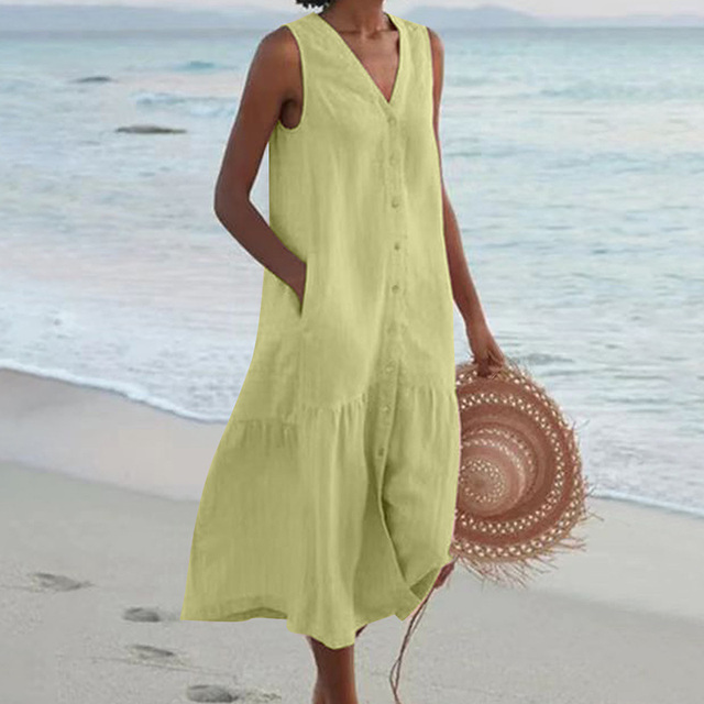 Women's Sleeveless Button-Front Linen Midi Dress