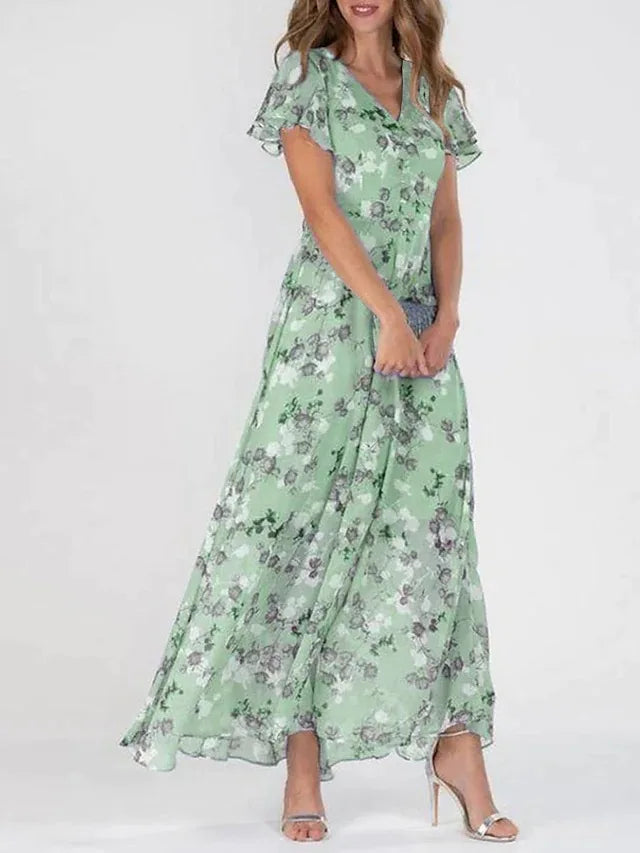 Women's Floral Ruffle Sleeve Chiffon Maxi Dress