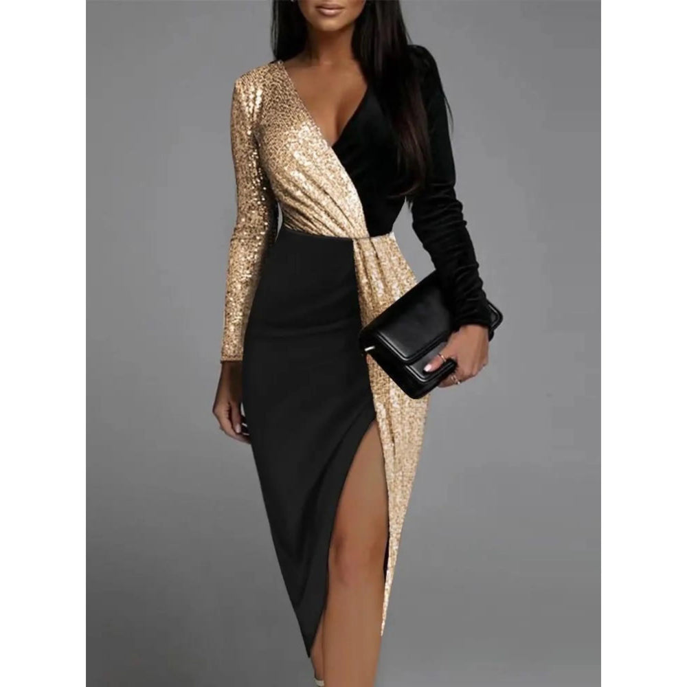 Damen Pailletten Kontrast Wickel Abendkleid