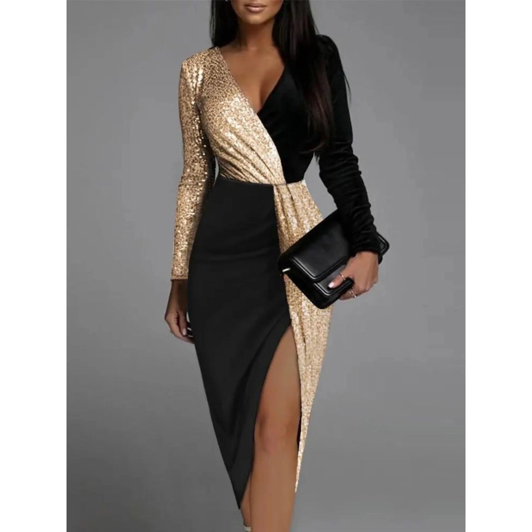 Women's Sequin Contrast Wrap Evening Dress