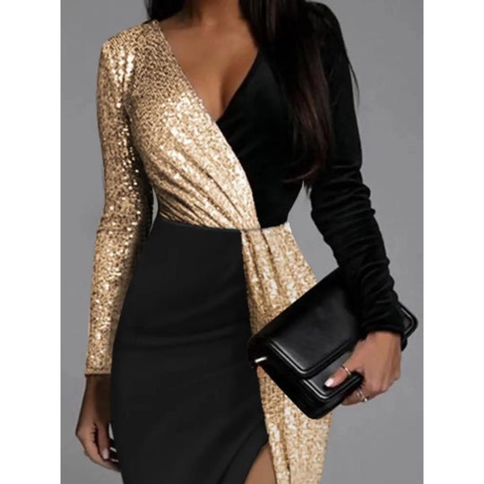 Women's Sequin Contrast Wrap Evening Dress
