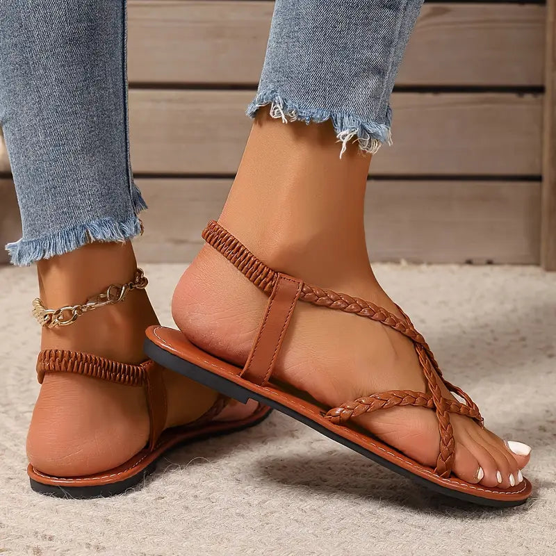 Damen geflochtene Riemchen flache Sandalen