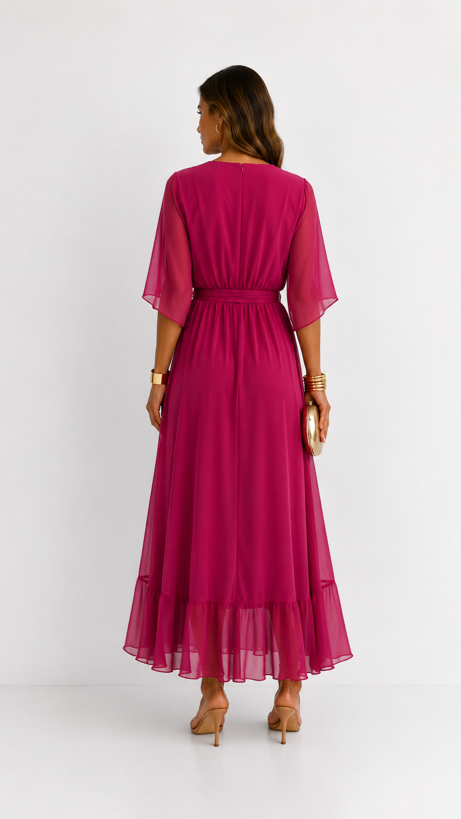 Women's V-Neck Tie Waist High Low Midi Dress